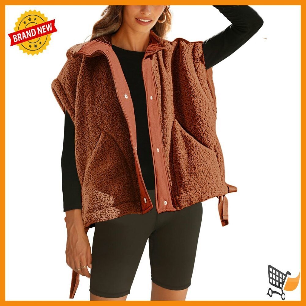 Oversized Fleece Vest with Sherpa Lining, Button Closure, Pockets